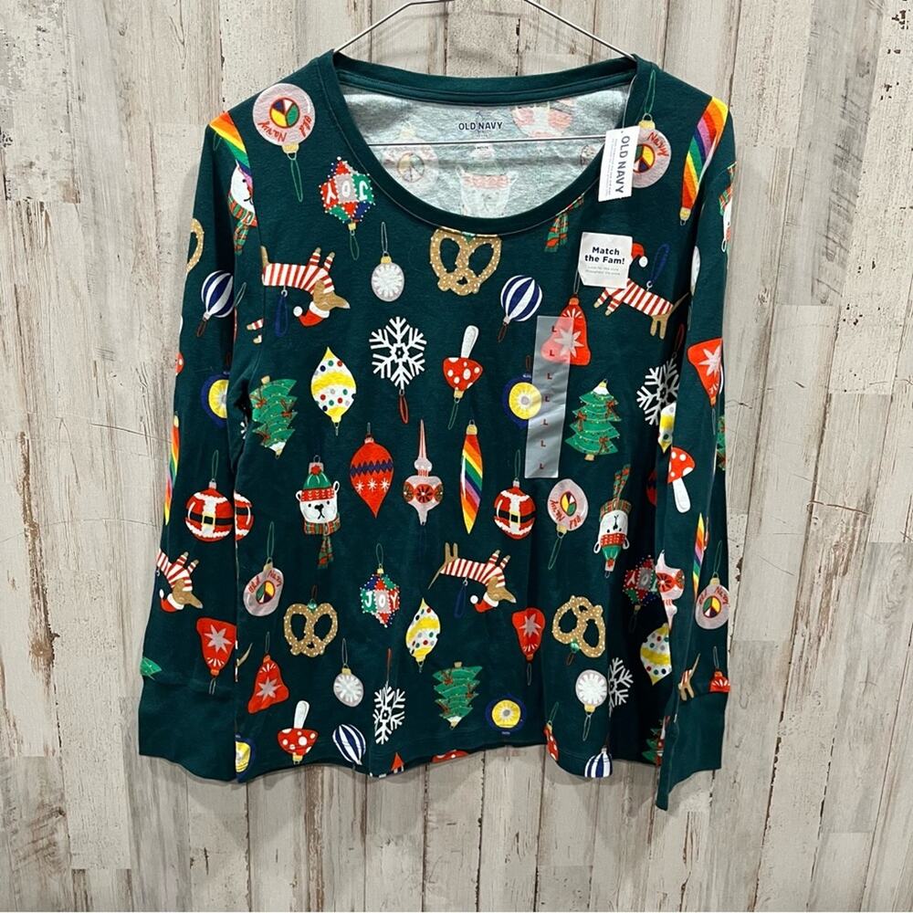 New! Old Navy Match The Fam Santa Claus Brown Ornaments Pajama Top Large Petite